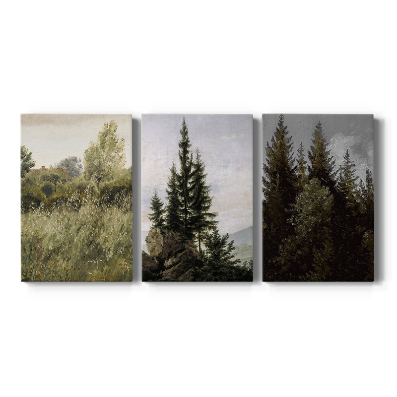 Paysage rétro CCXV - Toile tendue avec châssis sur mesure - 3 pièces, H 18 po x l 36 po