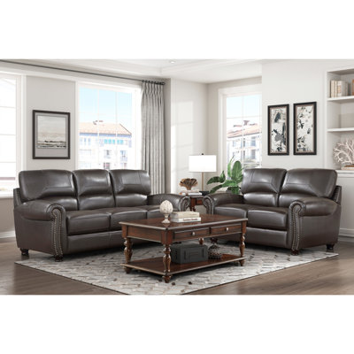 Traditional 2pc With Dark Brown Leather, Rolled Arms, Nailhead Trim, Solid Wood Construction, 100% Top Grain Leather Areas, Removable Back Cushion Covers Living Room In And Plywood Frame, High -