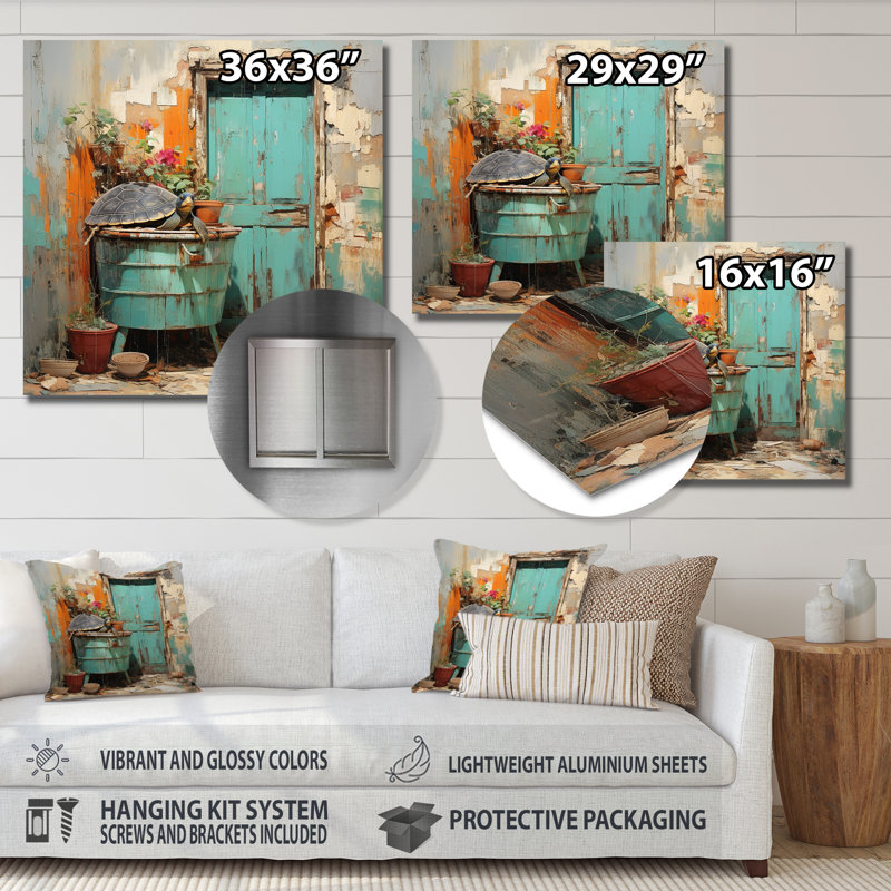 «Farmhouse Turtle Tranquility Bath - Raven Animal», art mural en métal, H 16 po x l 16 po