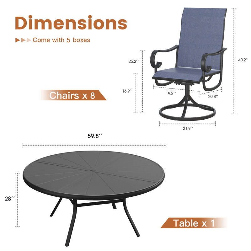 Aluminum Patio Dining Set with 60" Aluminum Round Dining Table and 8 PVC-coated polyester Swivel Dining Chairs, Black/Blue