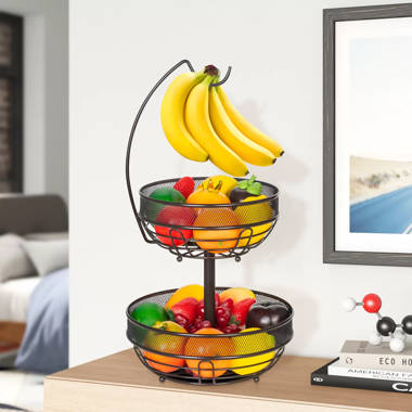 2 Tier Fruit Basket with Banana Holder Metal Fruit Bowl for