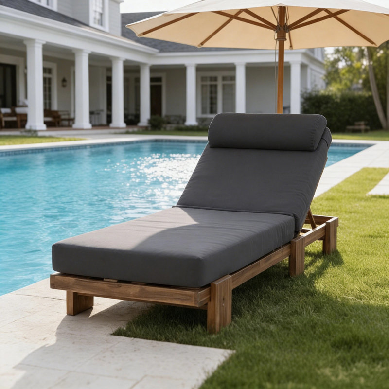 Outdoor Acacia Wood Chaise Lounge With Adjustable Recline, Headrest & Pull-Out Side Tray For Patio Or Poolside, Dark Gray