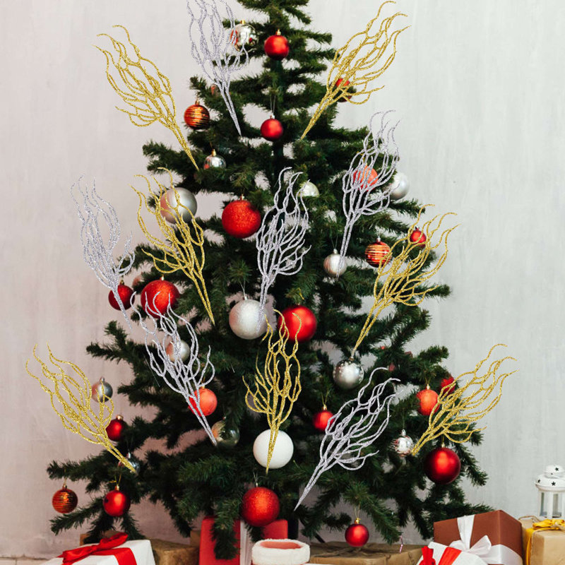 10 pièces d'arbre de Noël à paillettes et paillettes décoratives 14 po, Doré