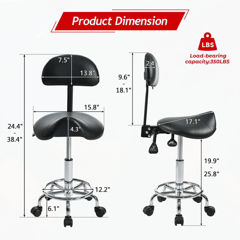 Saddle Stool with Back Support, Rolling Stools with Foot Rest, Ergonomic Adjustable Stool with Wheels, Backrest Adjustable Height & Angle for Salon Spa Tattoo Massage Office Swivel Stool Chair