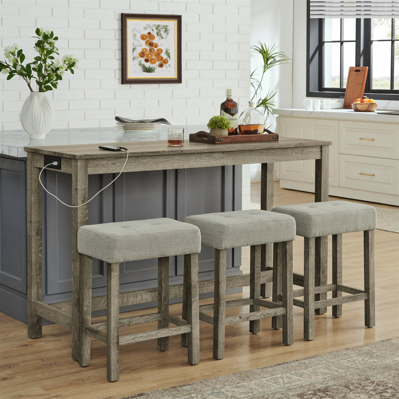 Bar Sofa Table With Power Outlet, 4 Piece Bar Table And Chair Set With Upholstered Stools, Brown/Beige, Brown