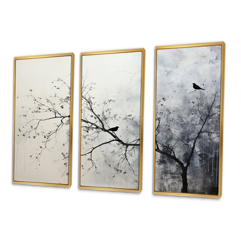 Minimalisme, oiseaux monochromes sur branche II - ensemble de décoration murale arbre, Cadre flottant doré