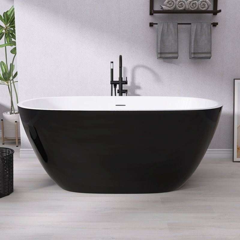 Baignoire de trempage autoportante en acrylique avec drain central 55 po x 30 po, Noir / blanc