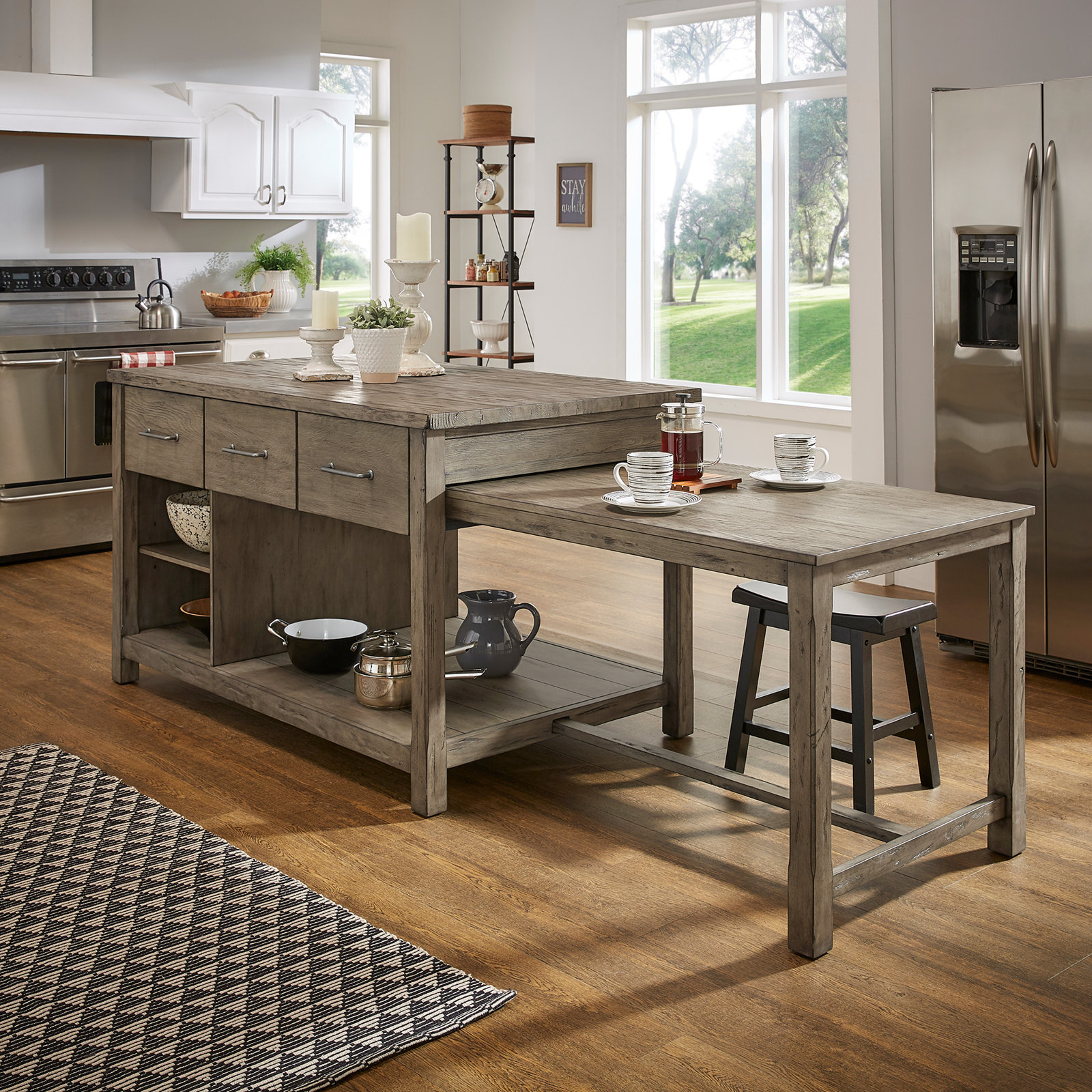 Tinka 3-Drawer Rectangle Pine Kitchen Island , Carbonized Pine, Gray
