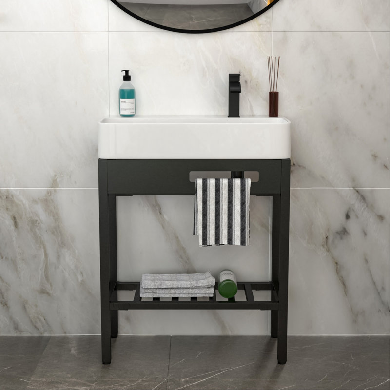 Lavabo console 28 po x 12 po en céramique d'inspiration rétro avec planche à laver intégrée, pieds noirs élégants
