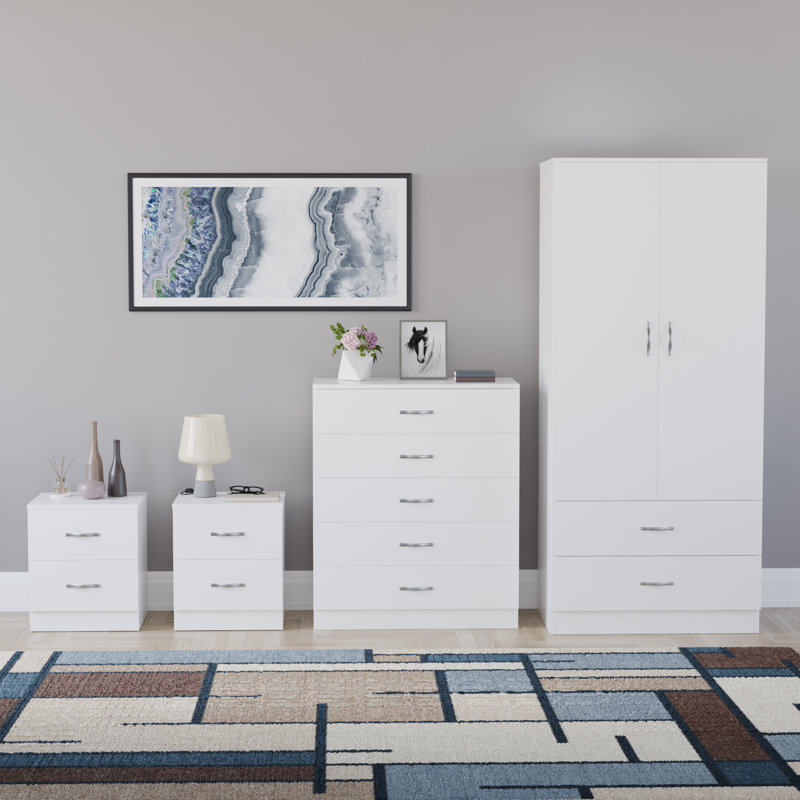 Tayce 4 Piece Bedroom Set (2 Drawer Bedside Chest X2, 5 Drawer Chest, 2 Door 2 Drawer Wardrobe, White