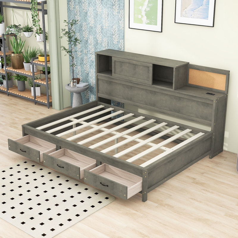 Wooden Daybed with Integrated USB Ports and Storage Drawers, Full/Double, Gray