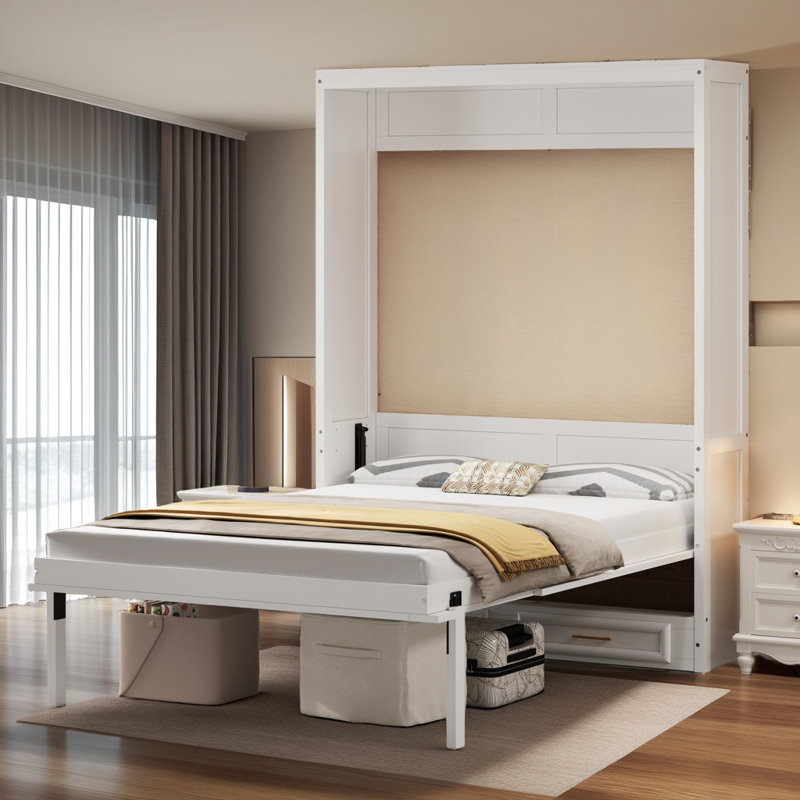 Lit escamotable double pleine grandeur avec 2 tiroirs - Beige
