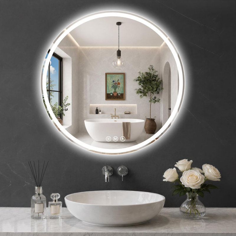Miroir rond pour salle de bain à DEL, 32 po, verre trempé incassable HD