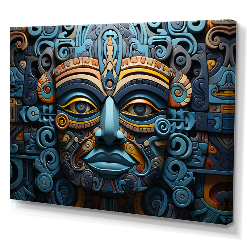 «Teal Gold Mexico Vibrant Aztec Mask II», reproduction sur toile encadrée, H 24 po x l 32 po, Toile tendue
