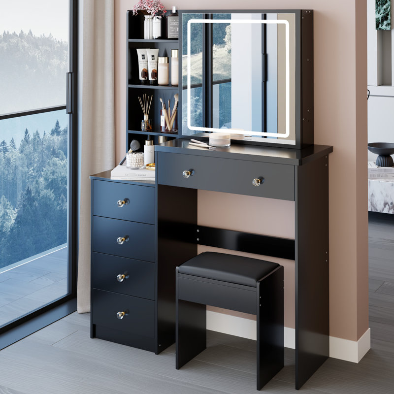 Meuble-lavabo de 37 po et tabouret rembourré 37 po, grand miroir coulissant, DEL tricolore à contrôle tactile avec réglage de la luminosité, rangement haut, tabouret de style noir avec option de chevet noir, miroir