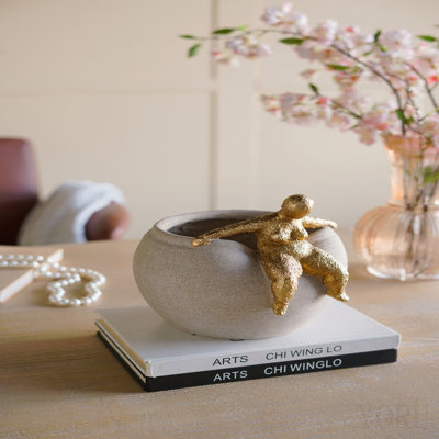 9.3x8.8x8.8" Round Planter With Abstract Gold Figurine