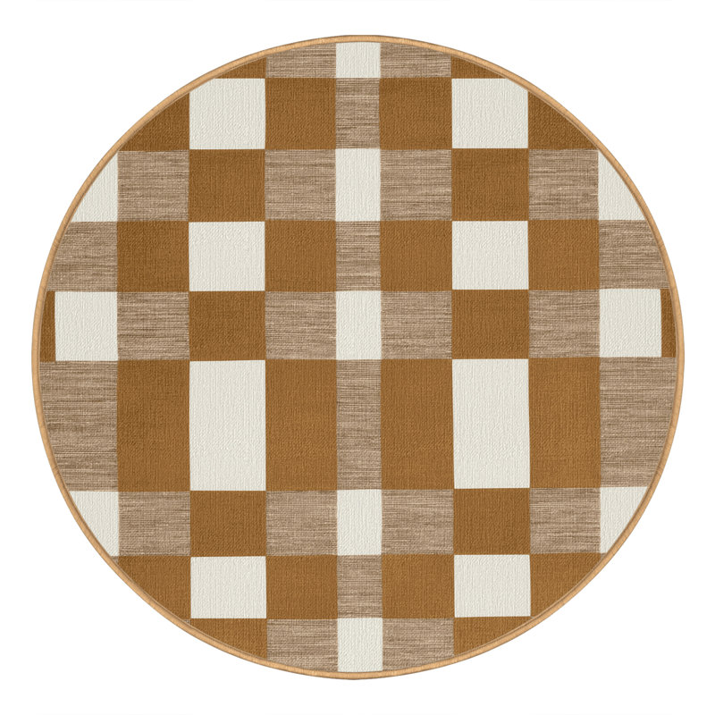 Tapis brun à carreaux lavable à la machine, Rond 5 pi