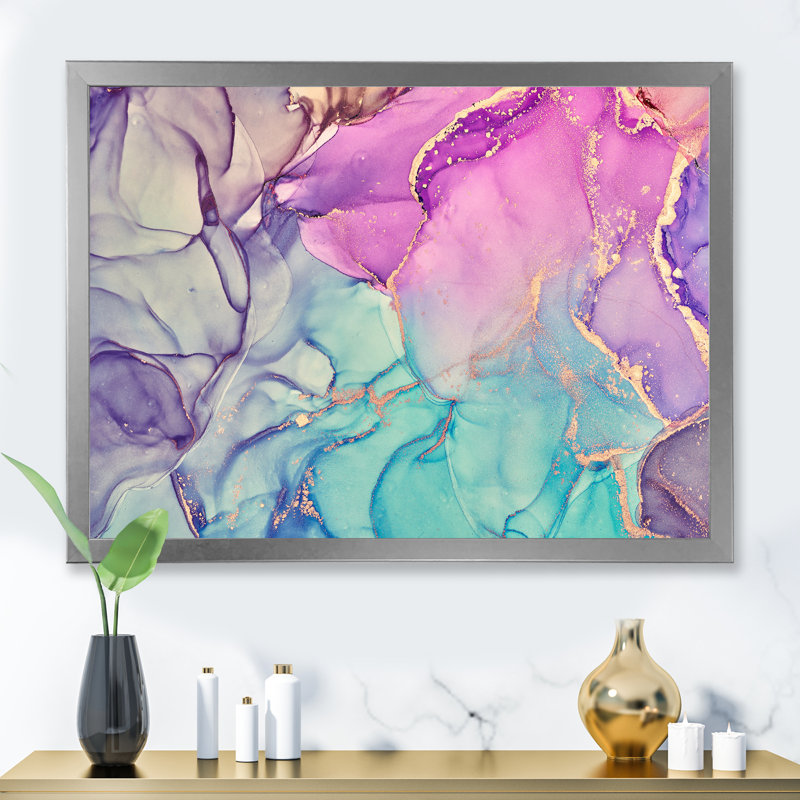 «Mauve et bleu», art liquide - reproduction sur toile, Cadre photo argenté, H 16 po x l 32 po