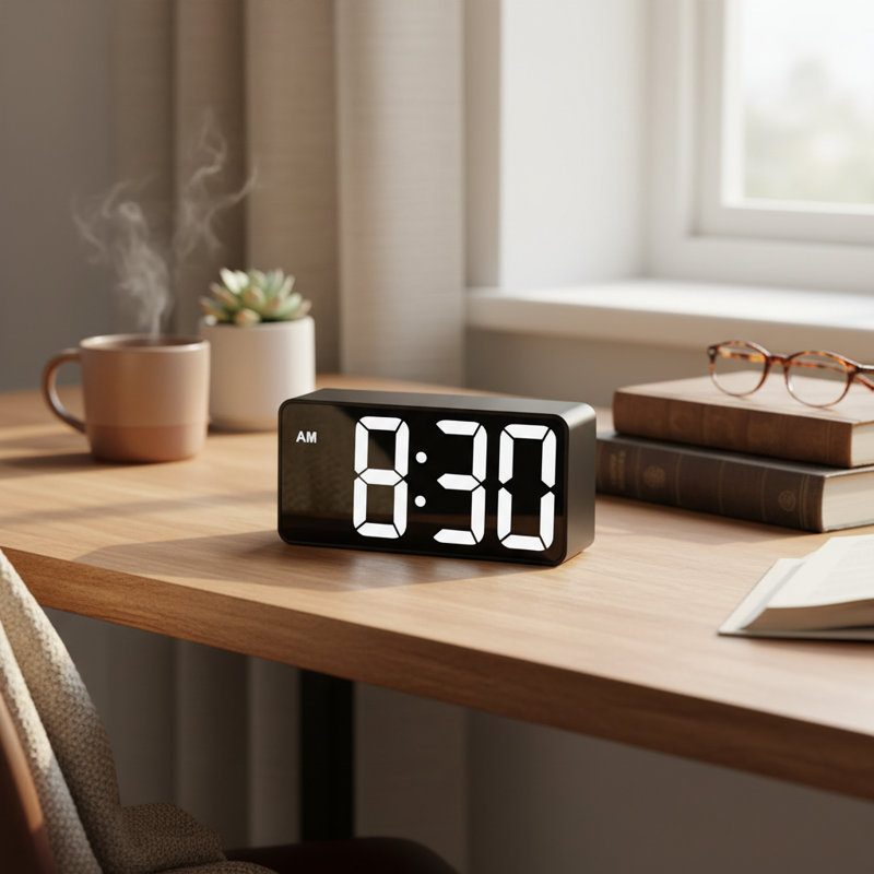 White Electric Bedside Alarm Clock, Large Dimmable Display, USB Charging Volume Adjustable Dual-Scene, White/Black