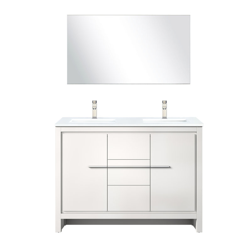 Meuble-lavabo double 48 po L, blanc avec plateau en marbre, robinet en nickel brossé et miroir 43 po