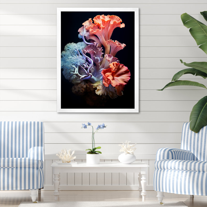 Anémone colorée, récif I - salon d'art mural plage et océan, Cadre simple blanc, H 32 po x l 24 po x P 1 po