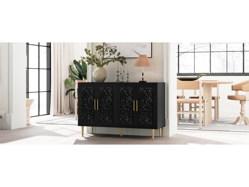 Buffet 48 po à portes creuses sculptées, armoire de rangement moderne avec 4 portes, armoire d'appoint pour le salon, la salle à manger et la cuisine