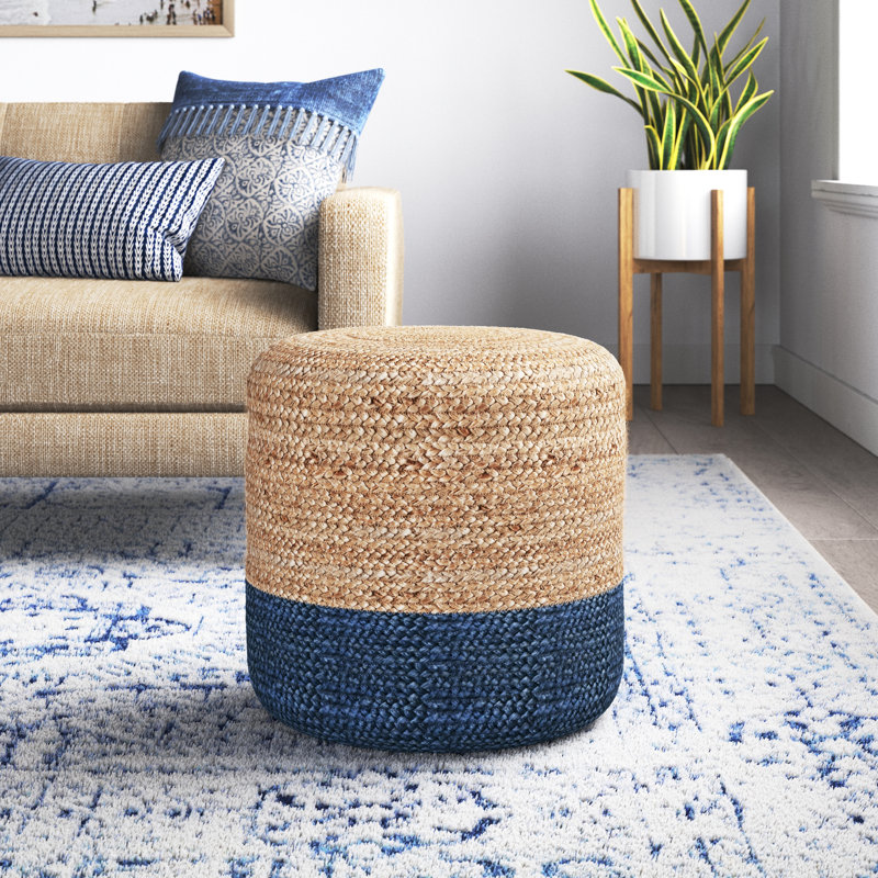 Fabian 18" Wide Round 100% Braided Jute Ombre Pouf Ottoman/Foot Stool by Jaipur Living, Blue Jute
