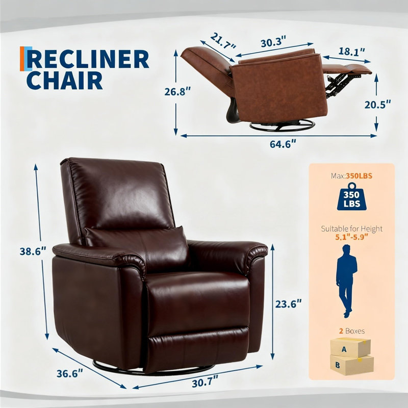 78cm Wide Standard Recliner, Brown Polyurethane