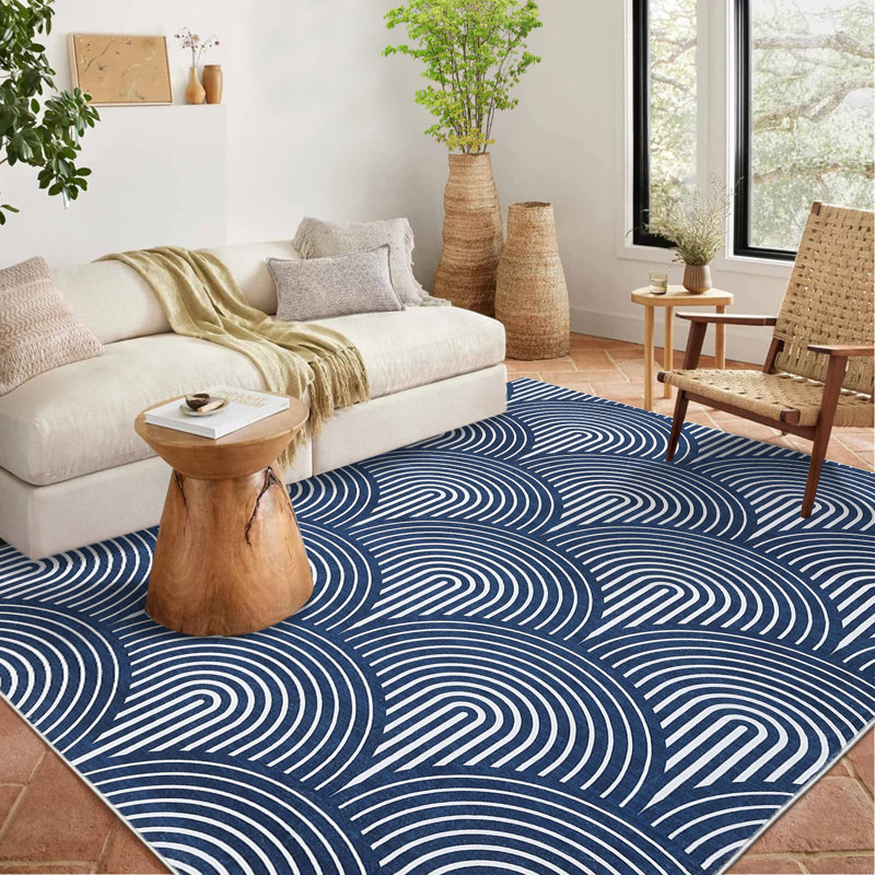 Saminah Washable Abstract Machine Woven Polyester Area Rug in Blue, Rectangle 9' x 12'