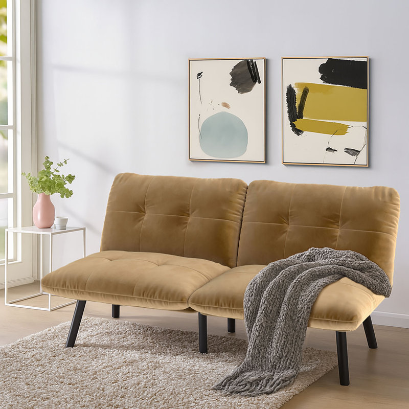 Classic Velvet Upholstered Convertible Futon Sofa Bed with Adjustable Split Backrest, Brown Velvet