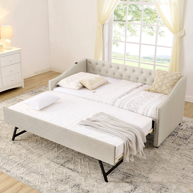 Lit de jour simple avec charge USB et lit extensible escamotable, Beige