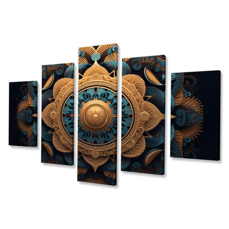 Mandala de l'ancienne Atlantide en or et turquoise III - Art mural sur toile, 5 panneaux