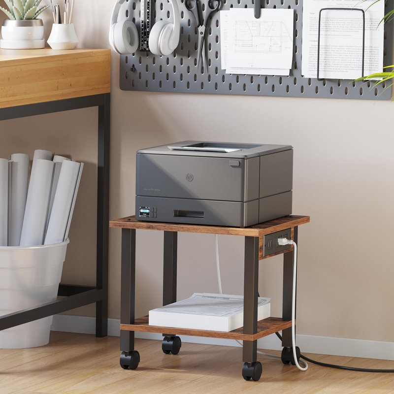 Chariot d'imprimante roulant avec prises de courant et ports USB, Brun