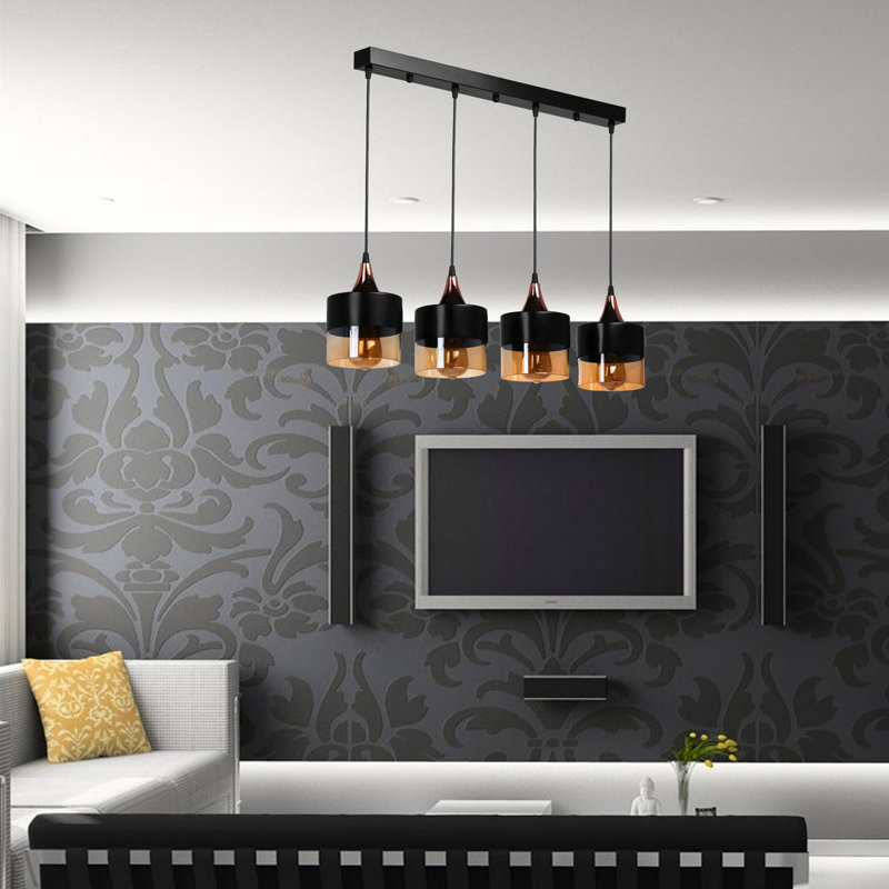 Industrial Scandinavian Chandelier, Black Metal Body, Adjustable Height, 6.3 x 6.3 x 25.6 inches | Copper Coated with Glass Cap, E27 Socket, Max 40W | Perfect for Modern Living Rooms & Dining Areas, Stylish Design