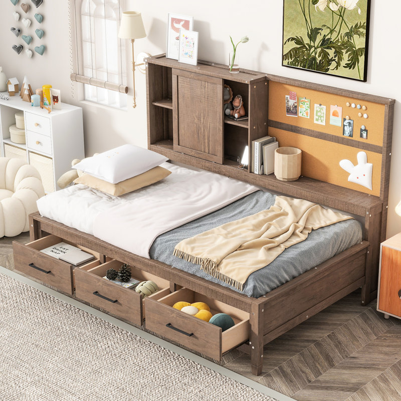 Lit de jour simple en bois antique avec rangement, tablette de liège, ports et 3 tiroirs - Fabrication solide pour la chambre à coucher colorée et décorative
