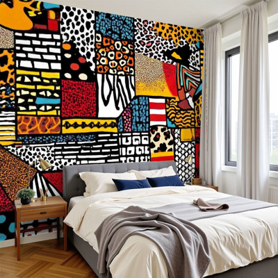 Peel and Stick Wallpaper 144" W x 100" H Modern Self Adhesive Wall Mural for Bedroom Traditional african fabric wild animal skins seamless