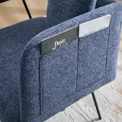 Fauteuil de loisir, fauteuil de détente avec petite table et coussin de dossier, chaises rembourrées modernes avec pieds en métal et poches latérales, canapé simple pour le salon / la chambre / le jardin