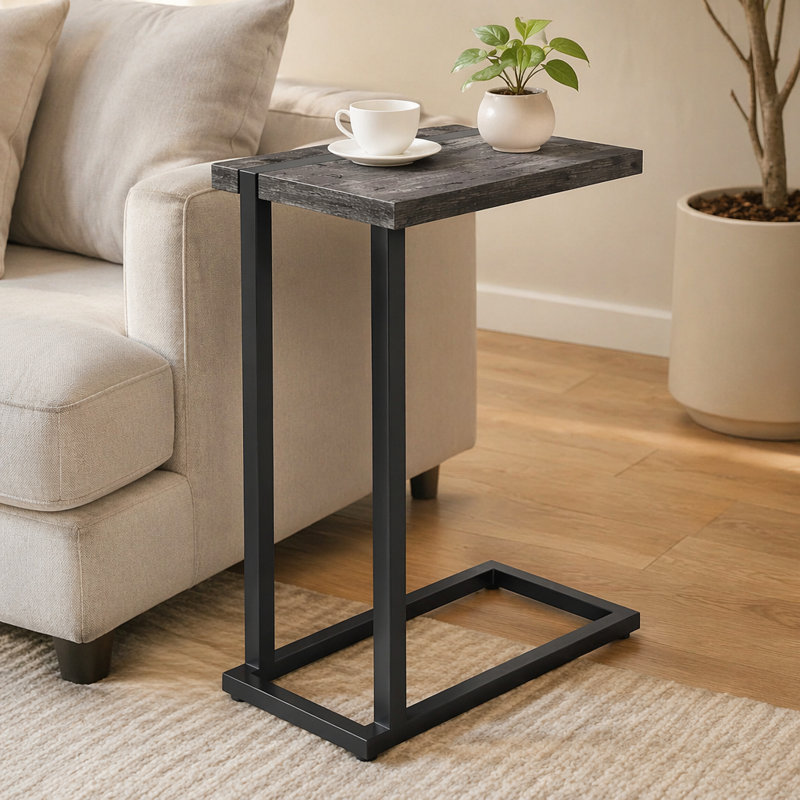 Table d'appoint, en forme de C, bout, côté, collation, salon, chambre à coucher, stratifié noir, métal noir, contemporain, moderne