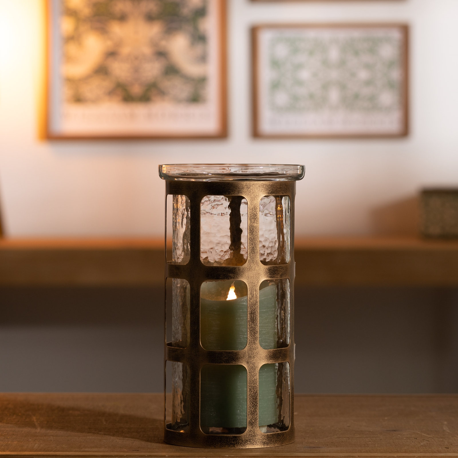 Glass Pillar Candle Holder, 10" H x 5.75" W x 5.75" D
