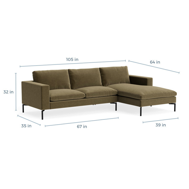 MTO - The New Standard Sofa with Arm Chaise with Black Legs, Right, Moss Velvet