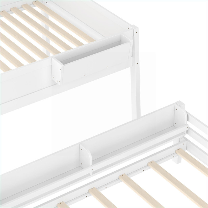 Grand lit superposé détachable axé sur le rangement, cadre de lit en bois pour chambre avec tablettes de rangement intégrées et garde-corps de sécurité, finition blanche