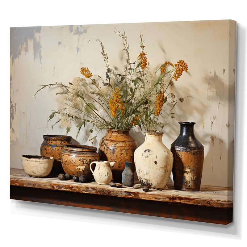 Art floral brun sur poterie rétro, Sans cadre, H 24 po x l 32 po, Toile tendue