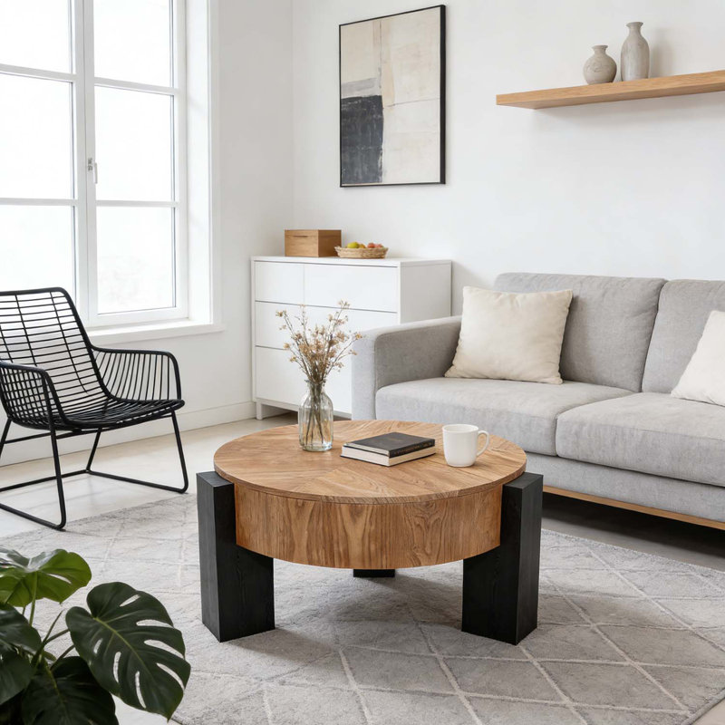 Table basse ronde avec rangement caché, Noir mat, bois naturel