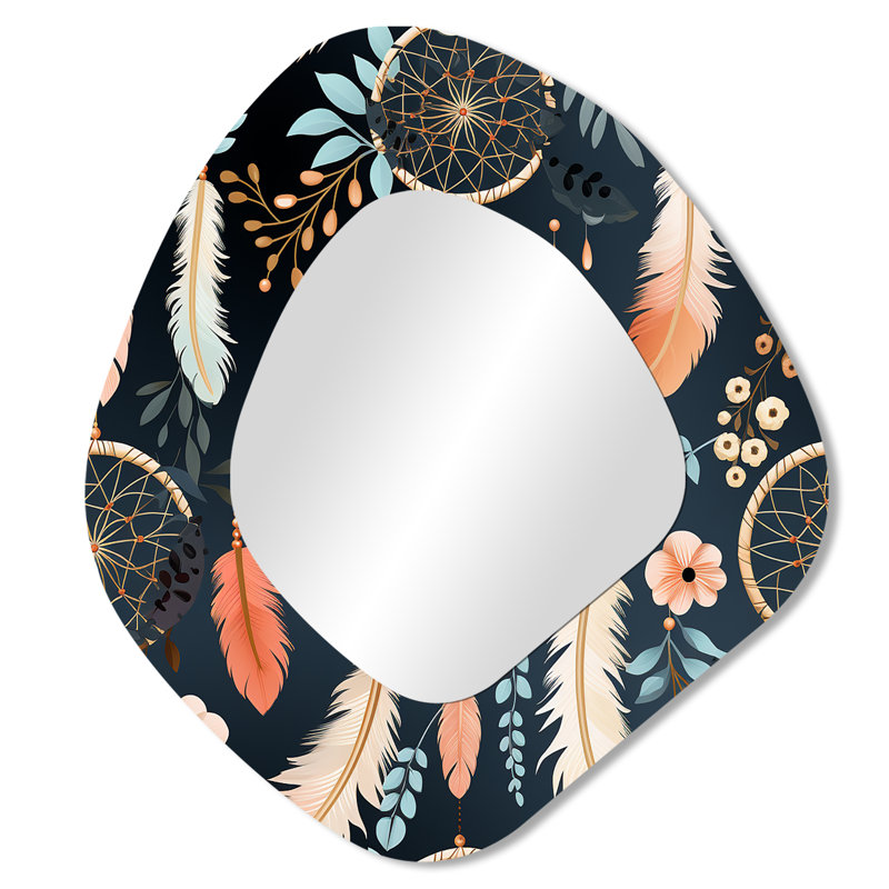 Dreamcatchers Boho motif II - miroir unique de forme unique Boho, grand miroir mural asymétrique brun, impression d'art en métal