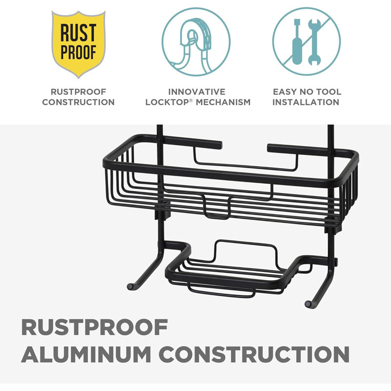 Serviteur de douche en aluminium antirouille avec 2 tablettes et crochets intégrés - Pomme de douche pour shampooing, revitalisant et produits essentiels