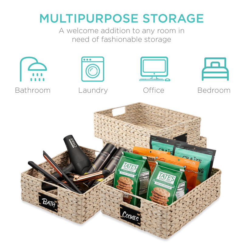 4 16x12in Woven Water Hyacinth Pantry Baskets w/ Chalkboard Label, Chalk Marker, White