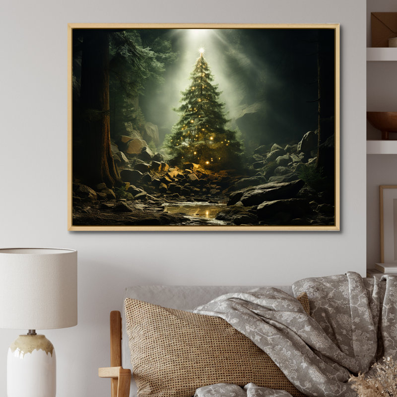 Arbre de Noël vert magique - décoration murale paysage d'hiver, Cadre flottant brun, H 30 po x l 40 po x P 1,5 po