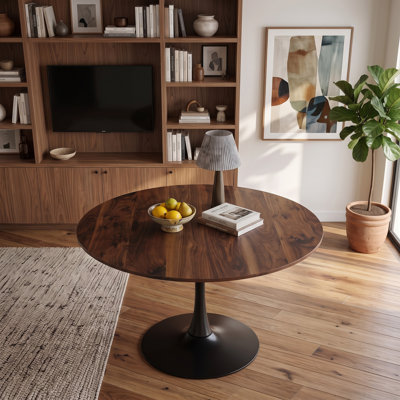42.1 Inch Walnut Round Tulip Pedestal Table, Mid-Century Split 2-Panel MDF Dining Table Seats 4-6, Multi-Purpose Leisure Coffee & Accent End Table