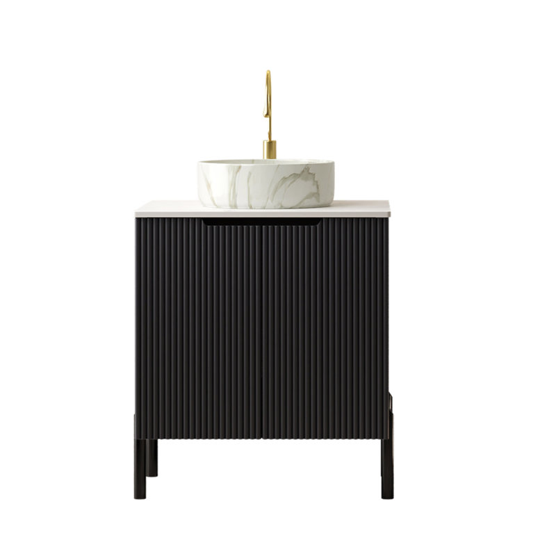 Ensemble de meuble-lavabo autoportant avec lavabo autoportant en céramique avec motif de pierre et comptoir blanc Carrara