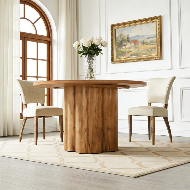 Wood Round Dining Table Fluted Kitchen Dinner Table